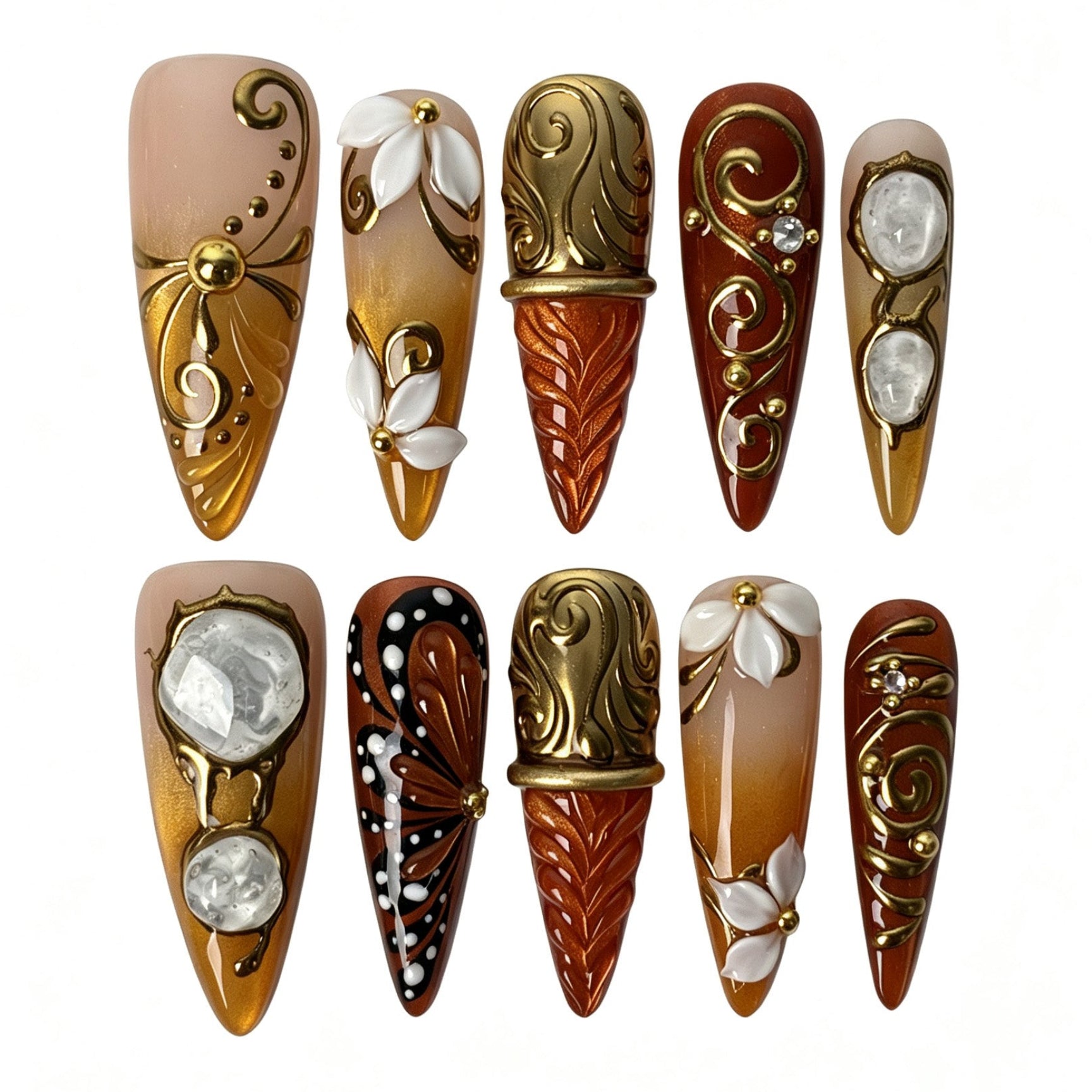 Gilded Ember stiletto press‑on nails, baroque gold scroll 3D white flower fall nail art