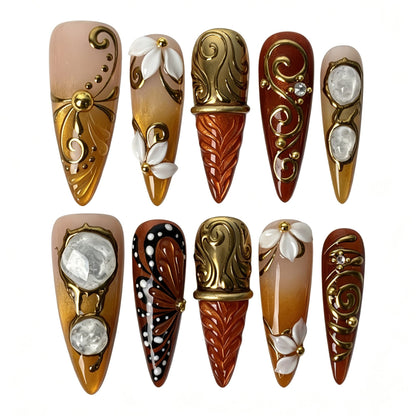 Gilded Ember stiletto press‑on nails, baroque gold scroll 3D white flower fall nail art