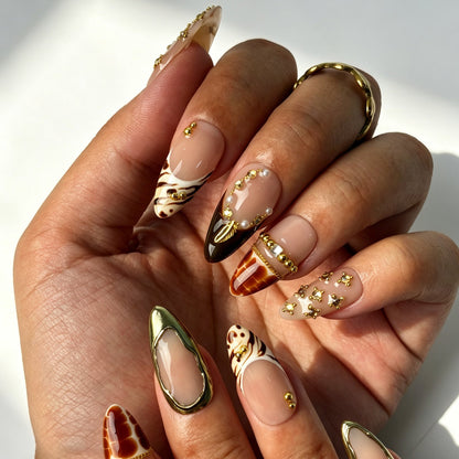Reusable almond press‑on nails, luxe tortoiseshell design with cluster rhinestones and pearl