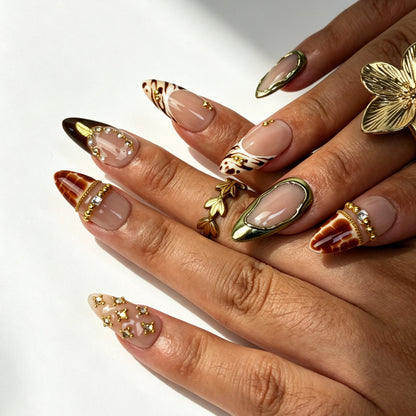 Gilded haven luxury press‑on nails, medium almond tortoiseshell false nails for fall events