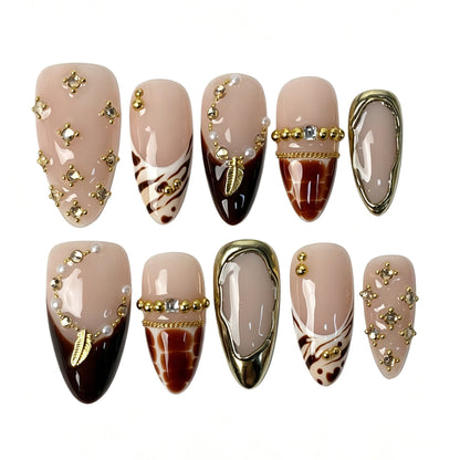 Tortoiseshell almond press on nails, vintage fake nails with antique gold frame, pearl and rhinestone decor