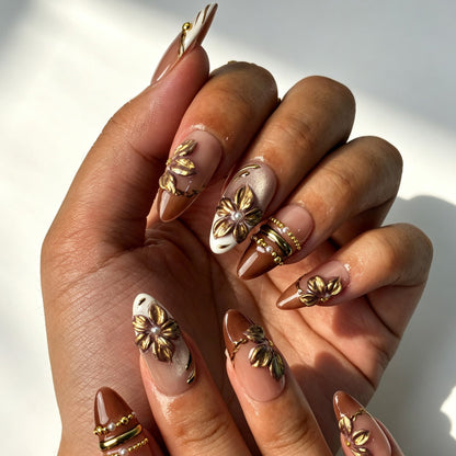 Hand‑crafted 3D gold‑bronze floral press‑on nails, gilded petal almond reusable false nails
