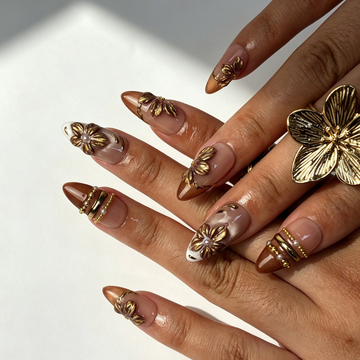 Elegant gilded petal almond press‑on nails, terracotta‑white french gradient nail set with pearl decor