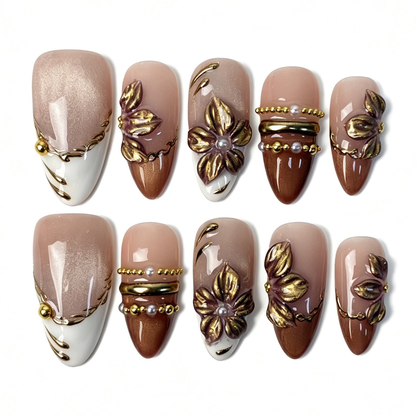 Gilded petal vintage almond press on nails, 3D gold flower pearl terracotta nude french fake nails