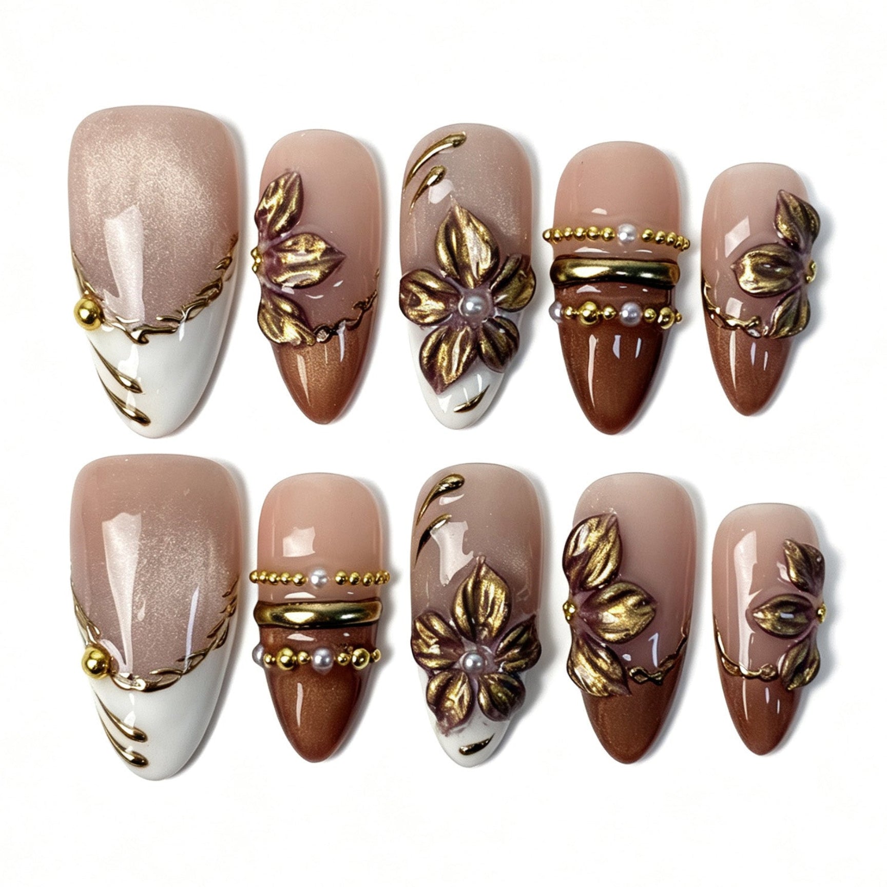 Gilded petal vintage almond press on nails, 3D gold flower pearl terracotta nude french fake nails