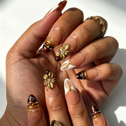 Gilded tortoise boho press‑on nails, medium almond tortoiseshell false nails for fall outfits