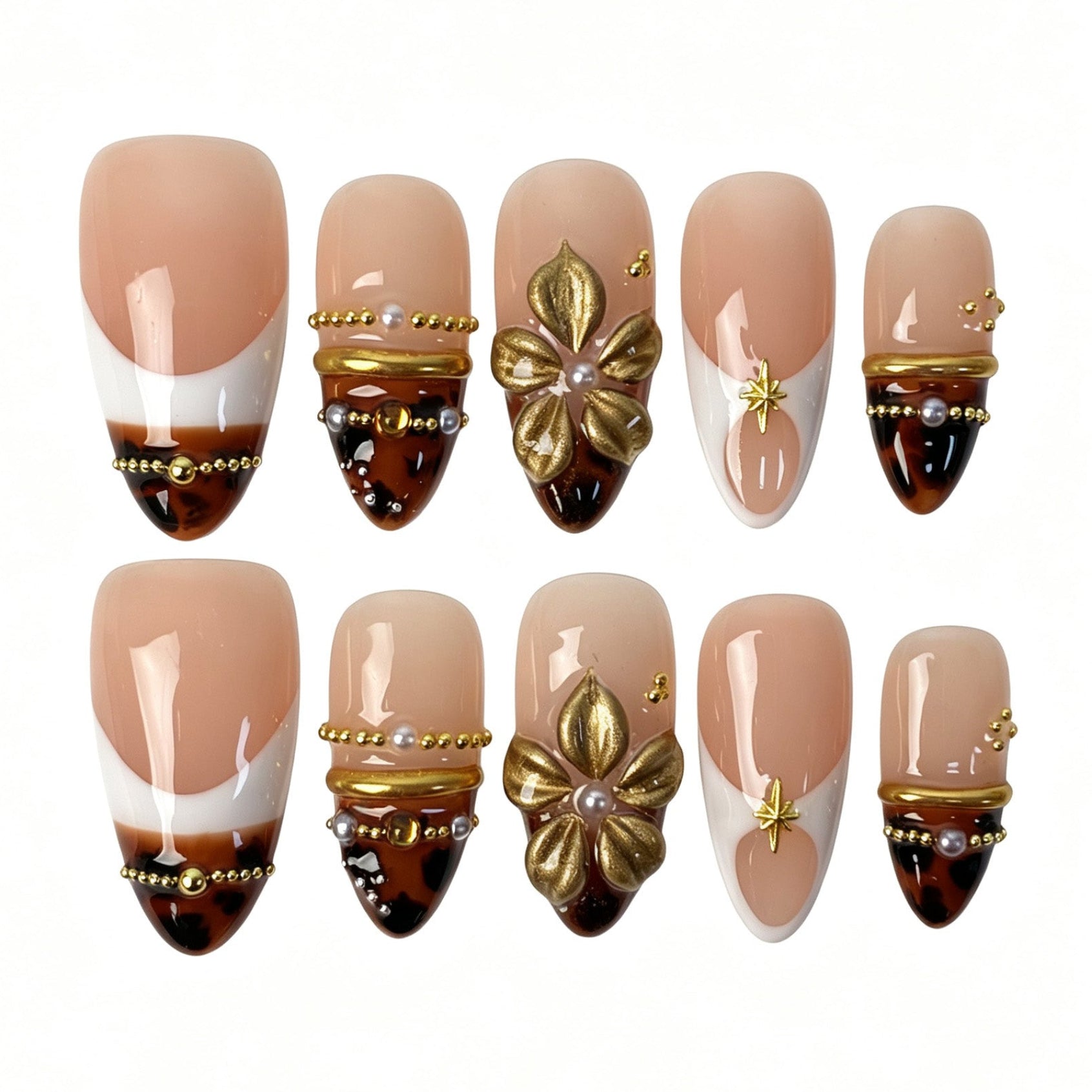 Tortoiseshell ombre french almond press on nails, boho fake nails with 3D gold flower and pearl decor