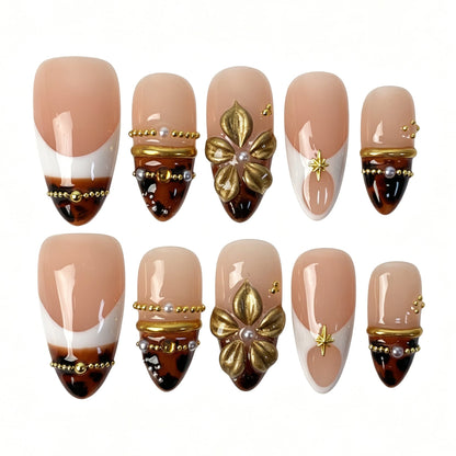 Tortoiseshell ombre french almond press on nails, boho fake nails with 3D gold flower and pearl decor