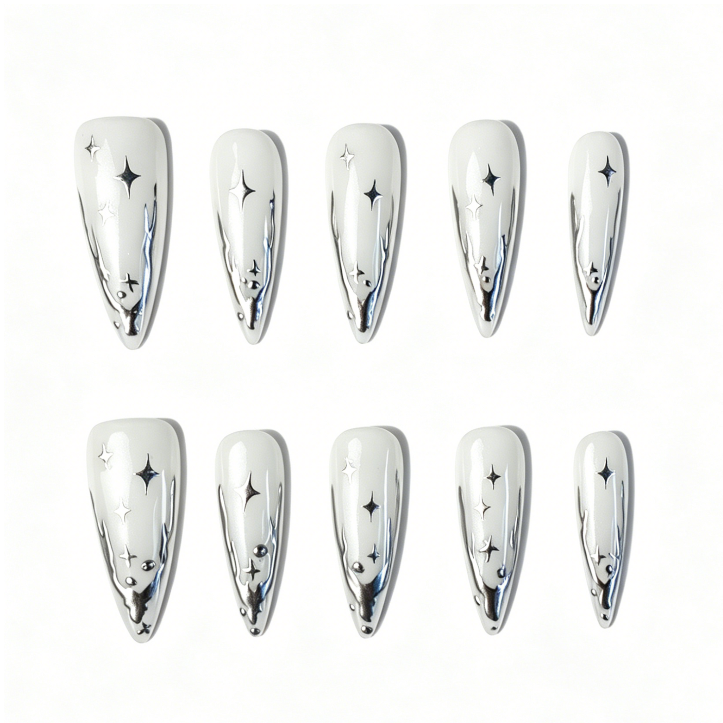 Long Stiletto Press On Nails, White Silver Star Metallic Mirror Fake Nail Set