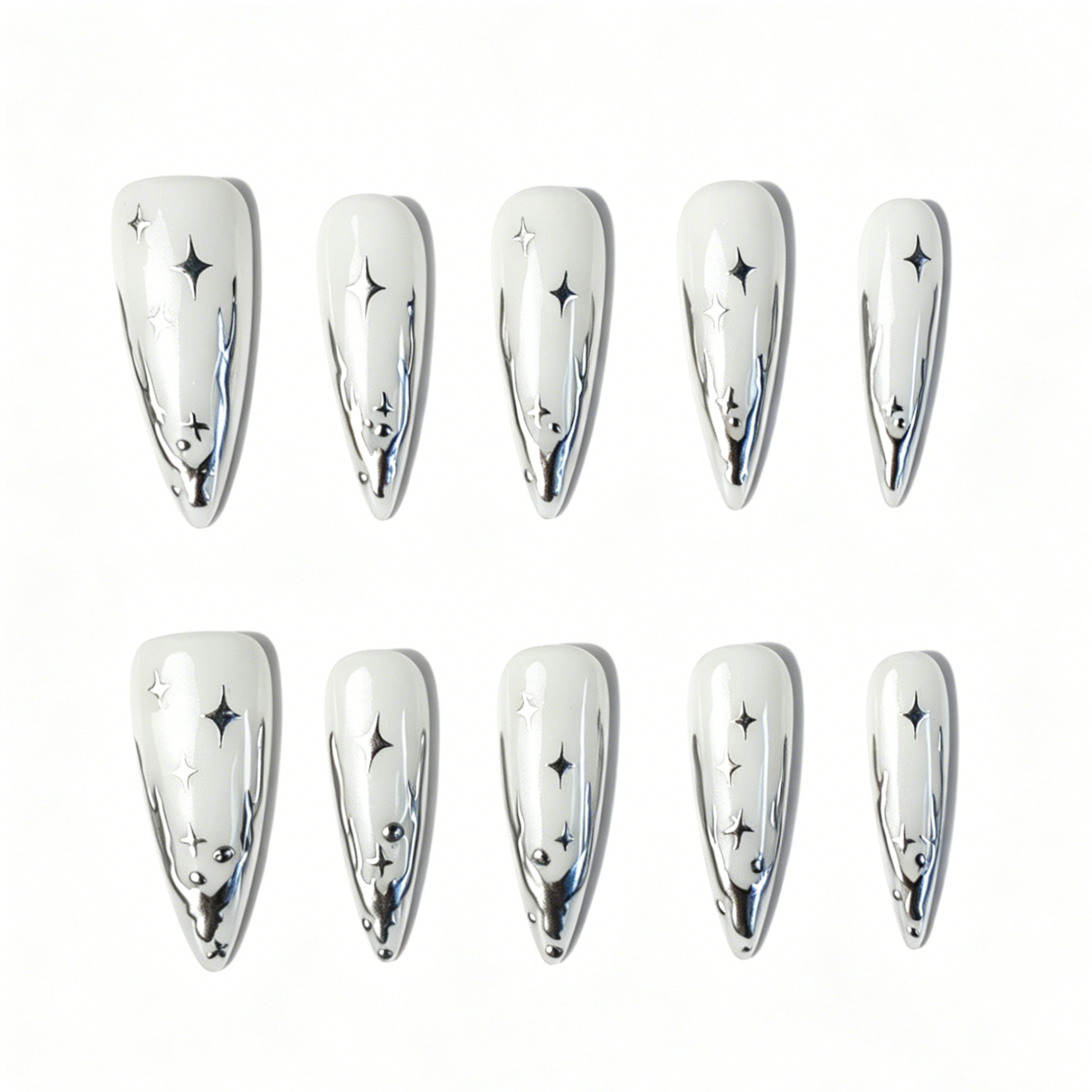 Long Stiletto Press On Nails, White Silver Star Metallic Mirror Fake Nail Set