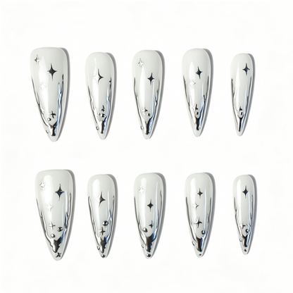 Long Stiletto Press On Nails, White Silver Star Metallic Mirror Fake Nail Set