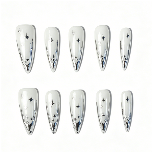 Long Stiletto Press On Nails, White Silver Star Metallic Mirror Fake Nail Set