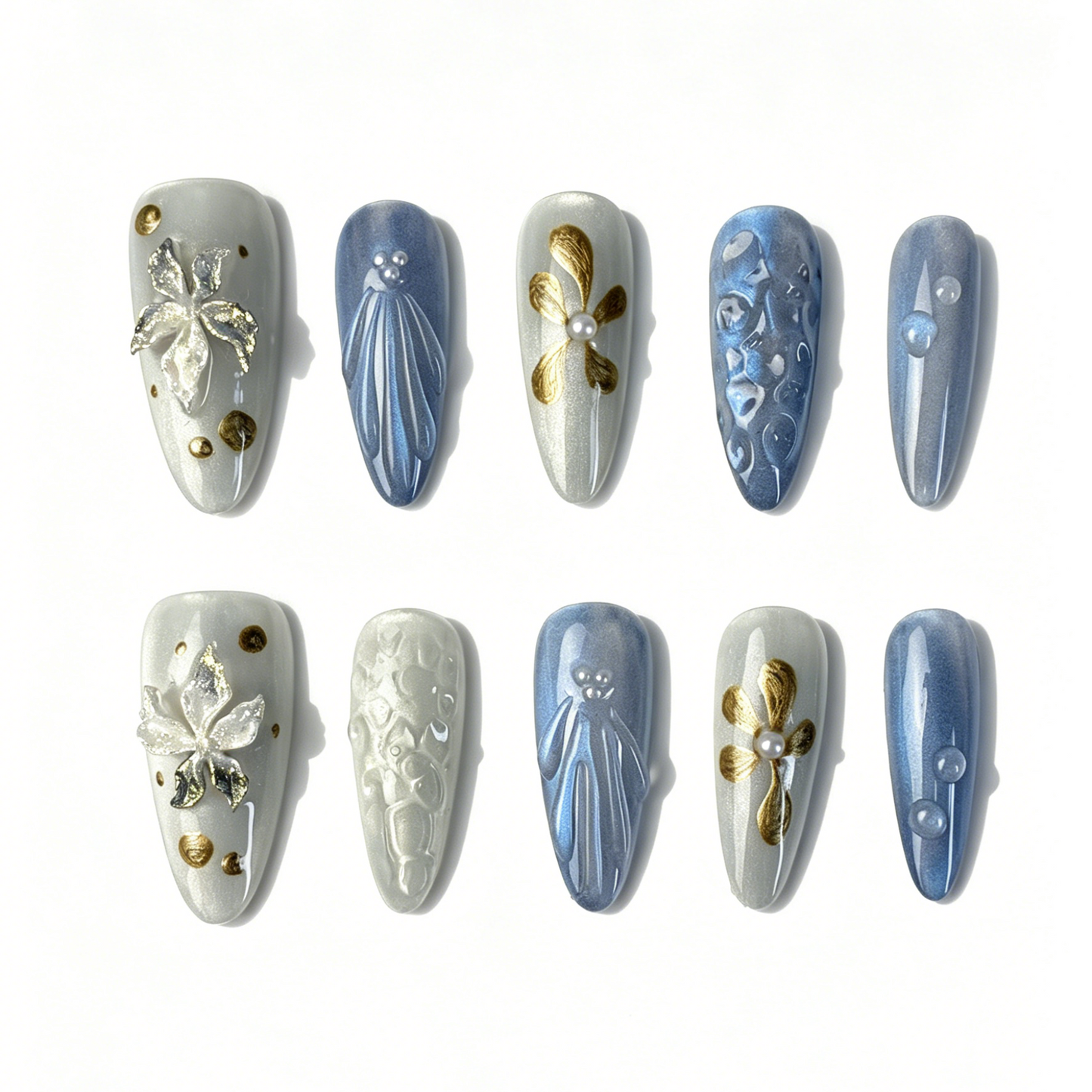 Medium Almond Press On Nails, Blue Silver Cat Eye 3D Gold Floral Pearl Fake Nail Set