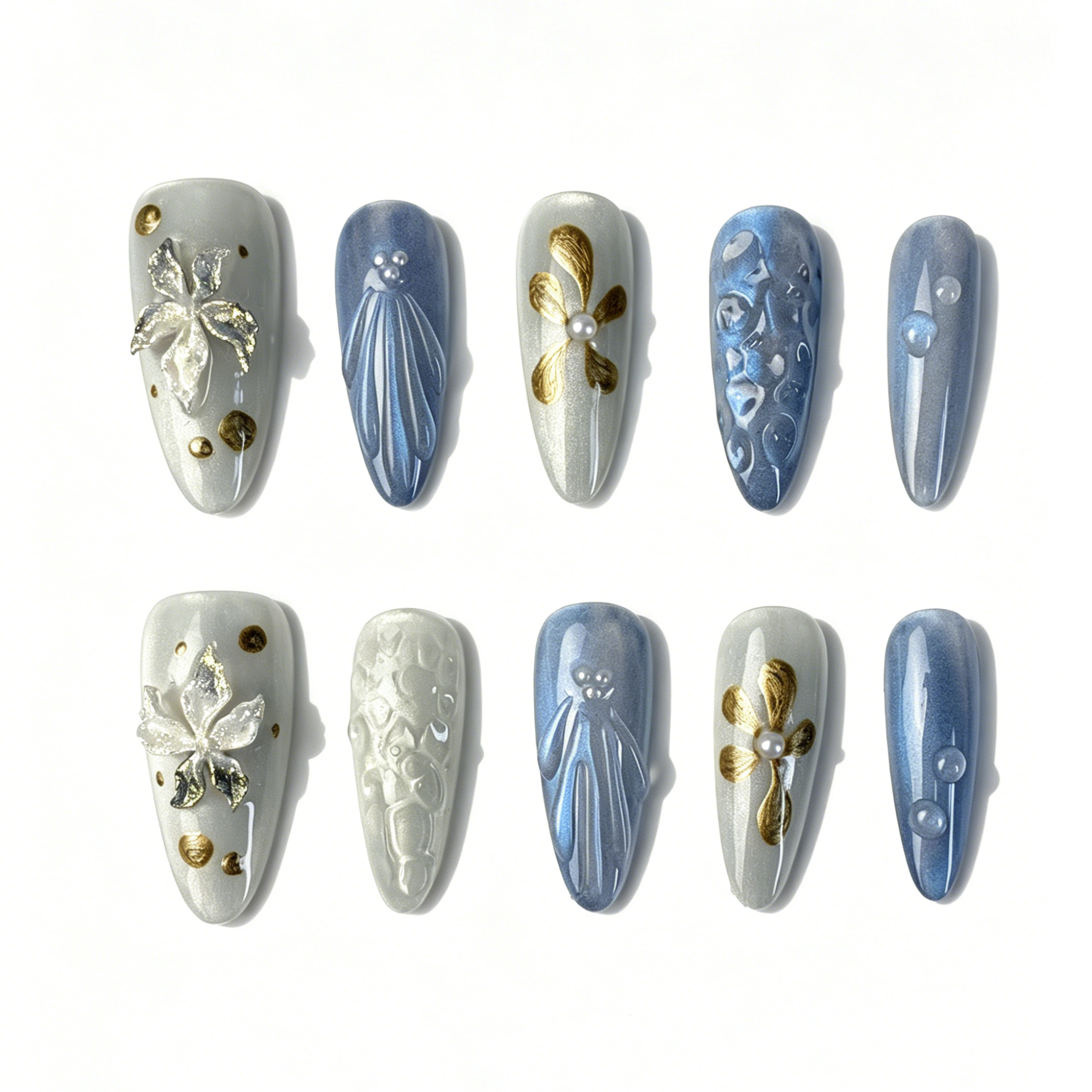 Medium Almond Press On Nails, Blue Silver Cat Eye 3D Gold Floral Pearl Fake Nail Set