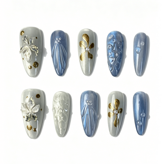 Medium Almond Press On Nails, Blue Silver Cat Eye 3D Gold Floral Pearl Fake Nail Set