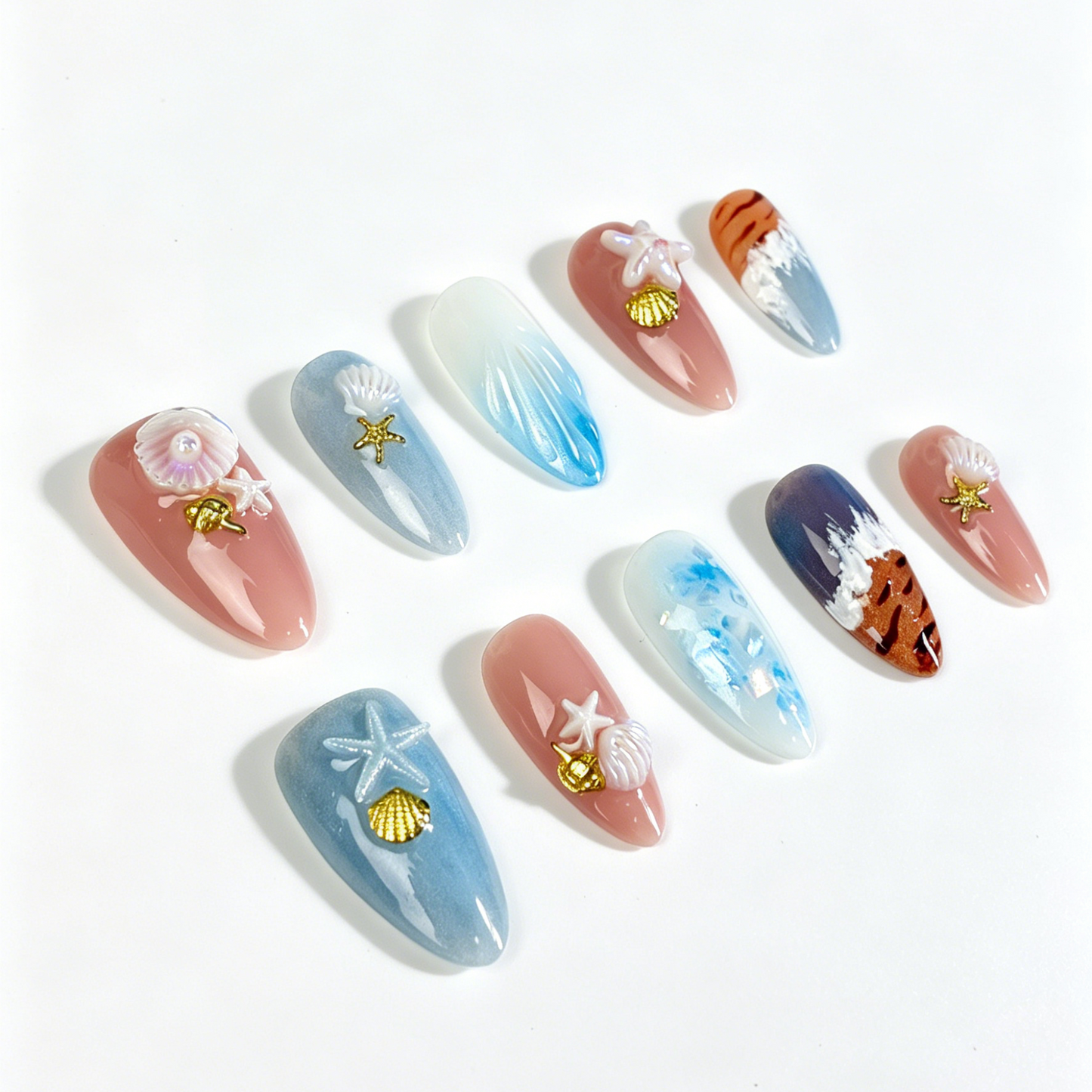 Coastal Gradient Press On Nails, Blue Cat Eye Ocean Starfish Shell Nails on Hand