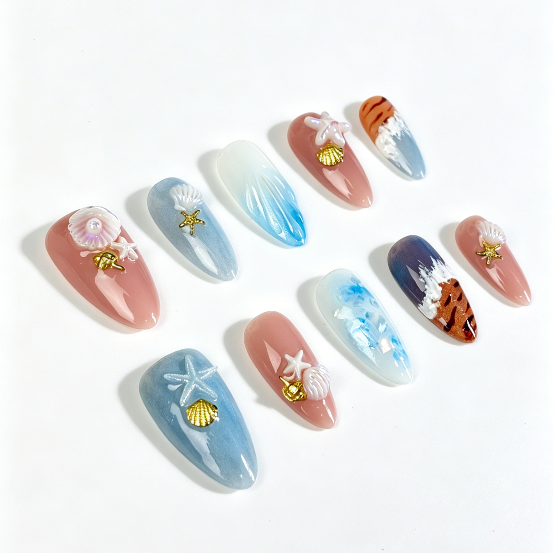 Coastal Gradient Press On Nails, Blue Cat Eye Ocean Starfish Shell Nails on Hand