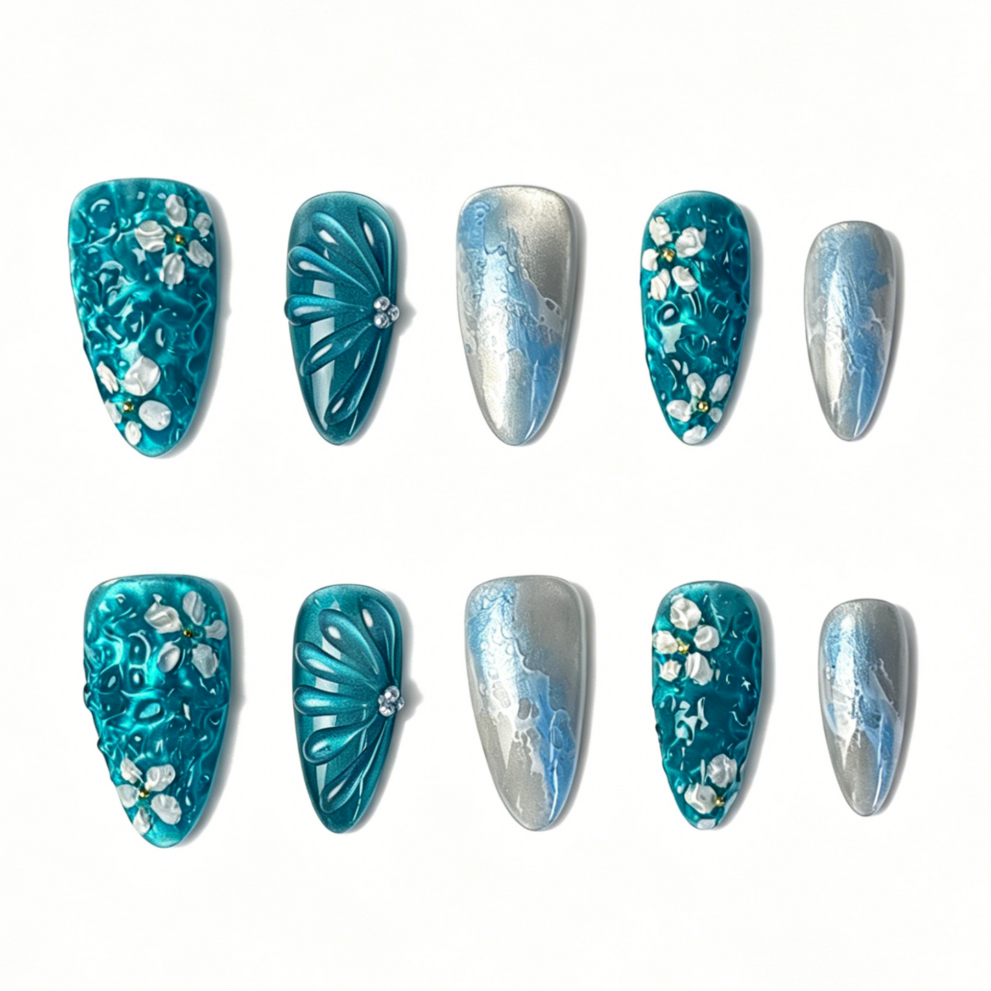 Medium Almond Press On Nails, Teal Cat Eye 3D White Floral Rhinestone Water Ripple Fake Nail Set