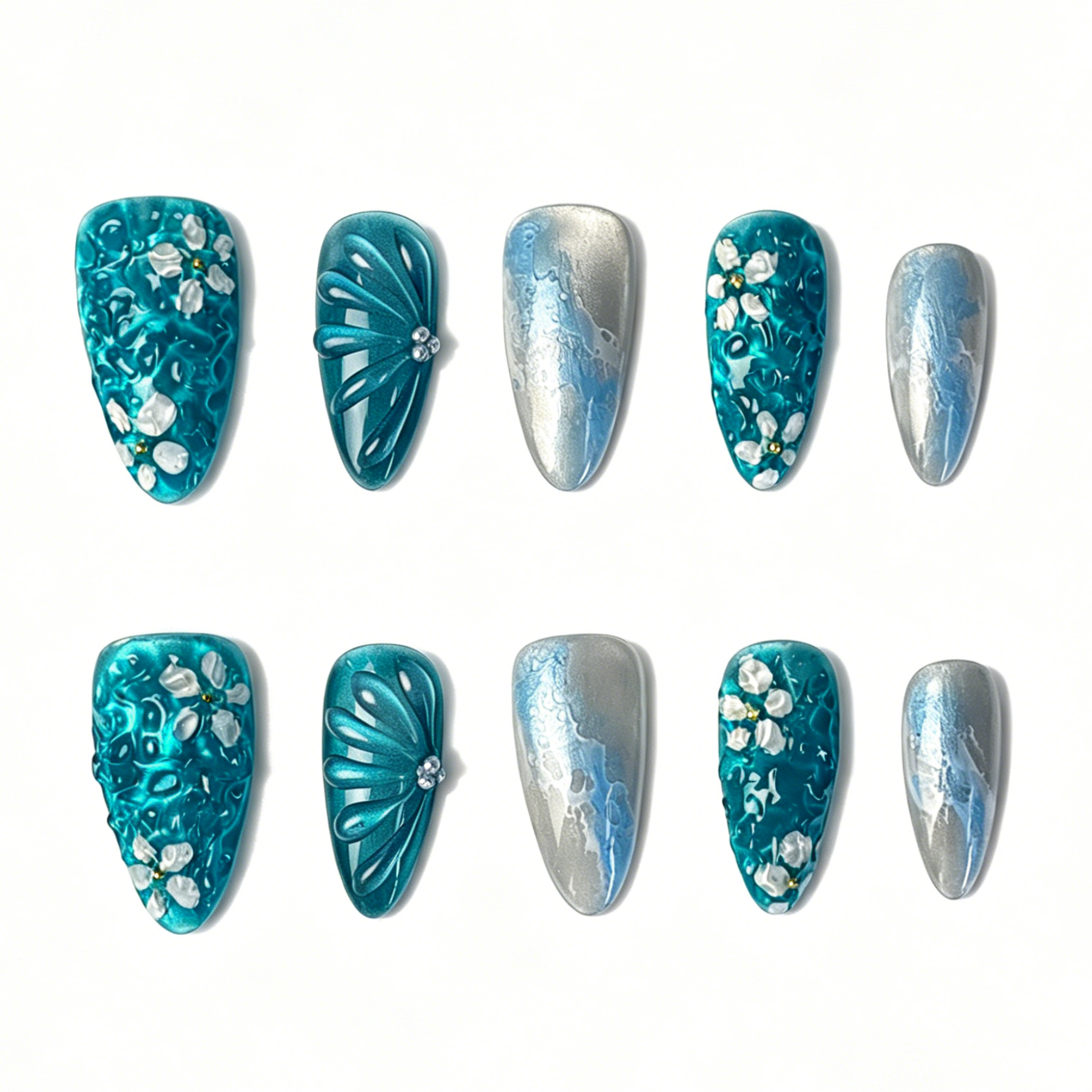 Medium Almond Press On Nails, Teal Cat Eye 3D White Floral Rhinestone Water Ripple Fake Nail Set