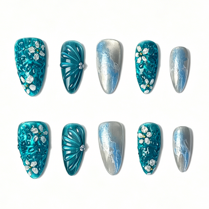 Medium Almond Press On Nails, Teal Cat Eye 3D White Floral Rhinestone Water Ripple Fake Nail Set