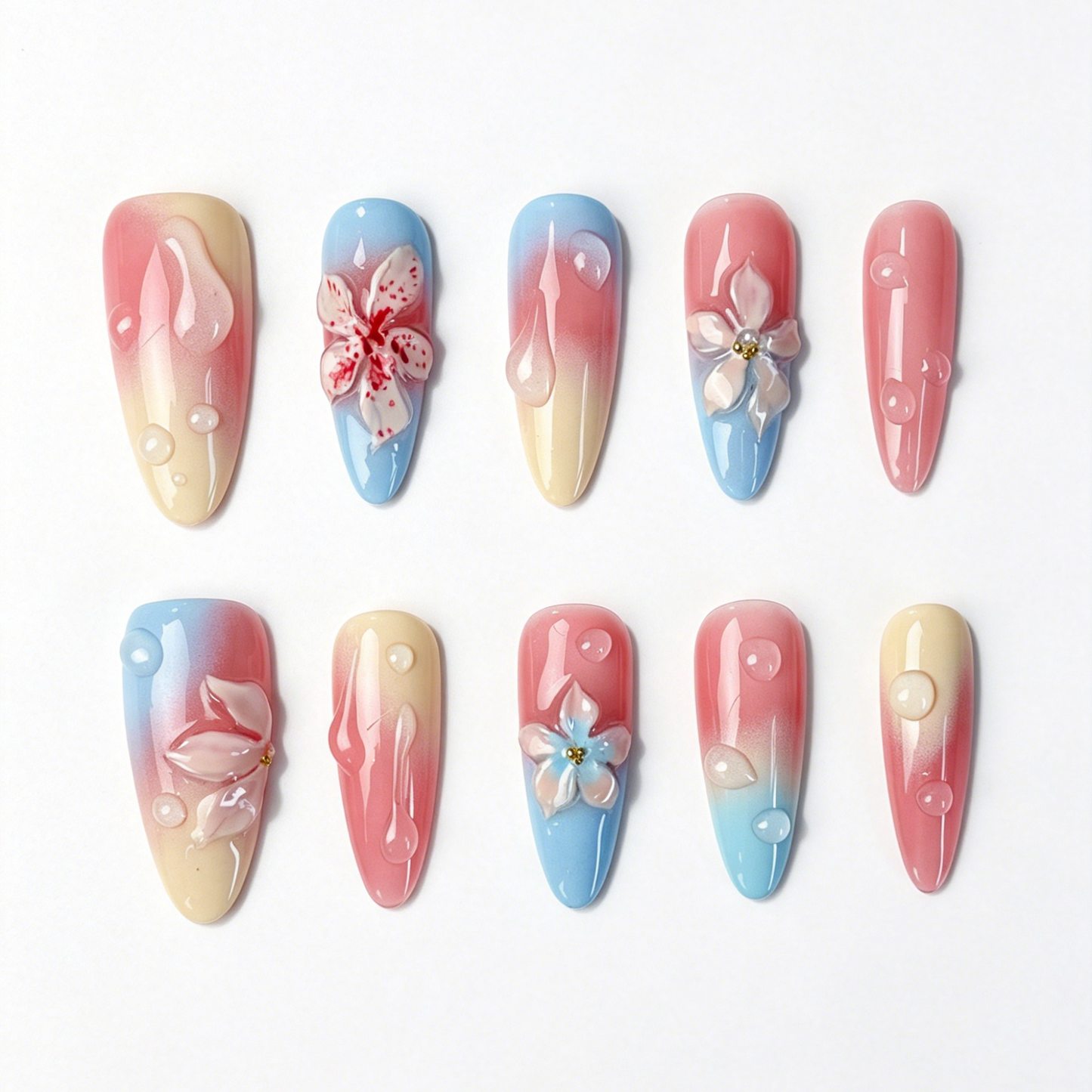 Long Almond Press On Nails, Pink Blue Gradient 3D Floral Water Drop Fake Nail Set
