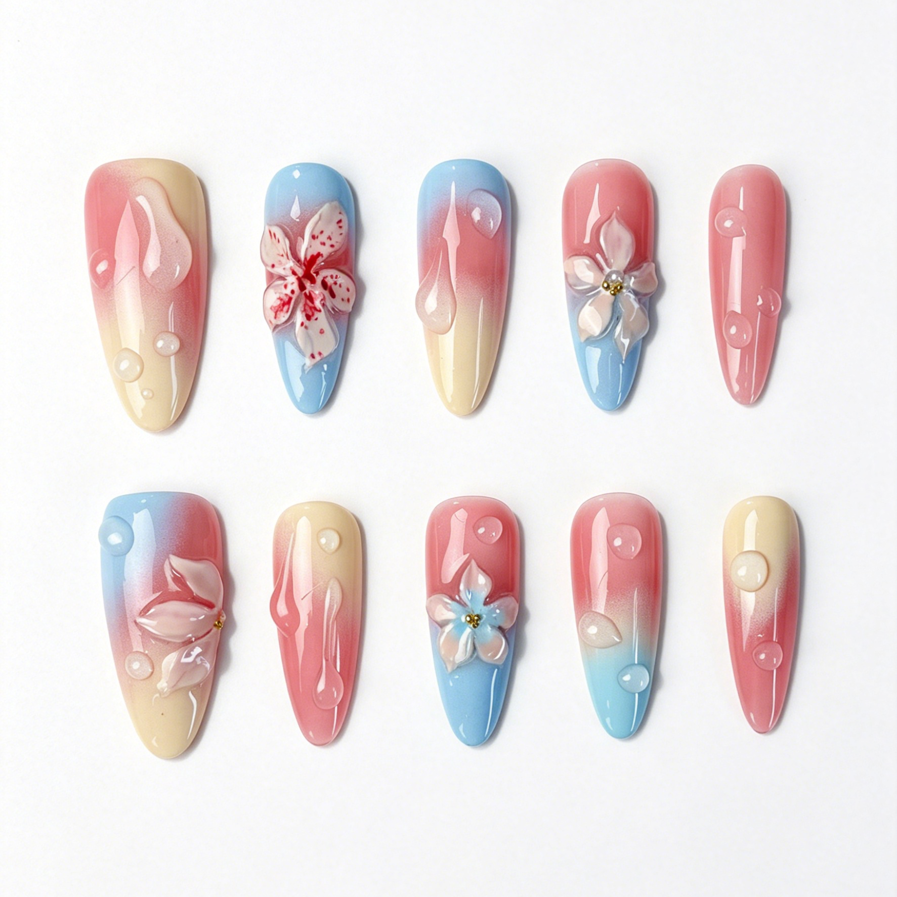 Long Almond Press On Nails, Pink Blue Gradient 3D Floral Water Drop Fake Nail Set
