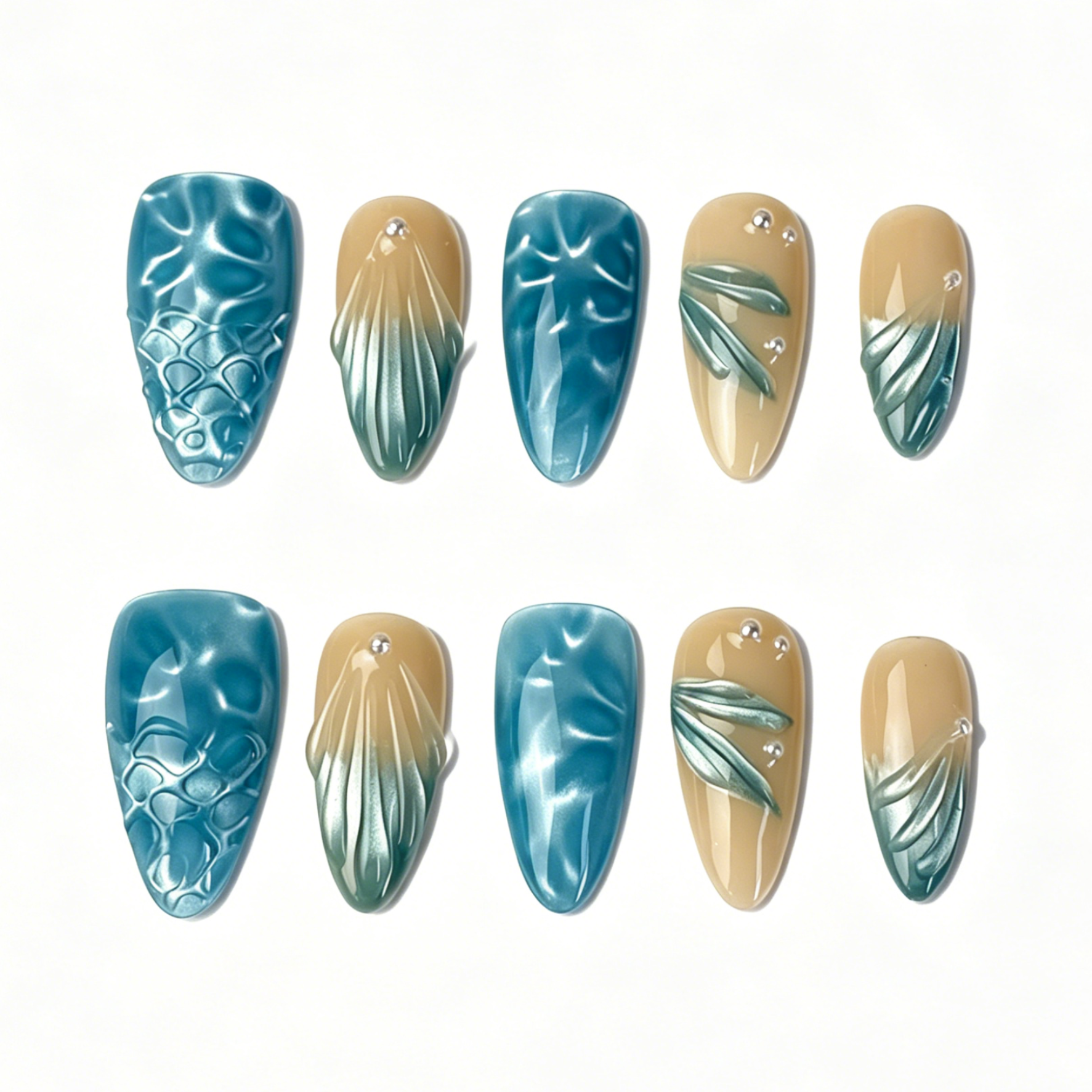 Medium Almond Press On Nails, Teal Cat Eye 3D Leaf Pearl Gradient Fake Nail Set