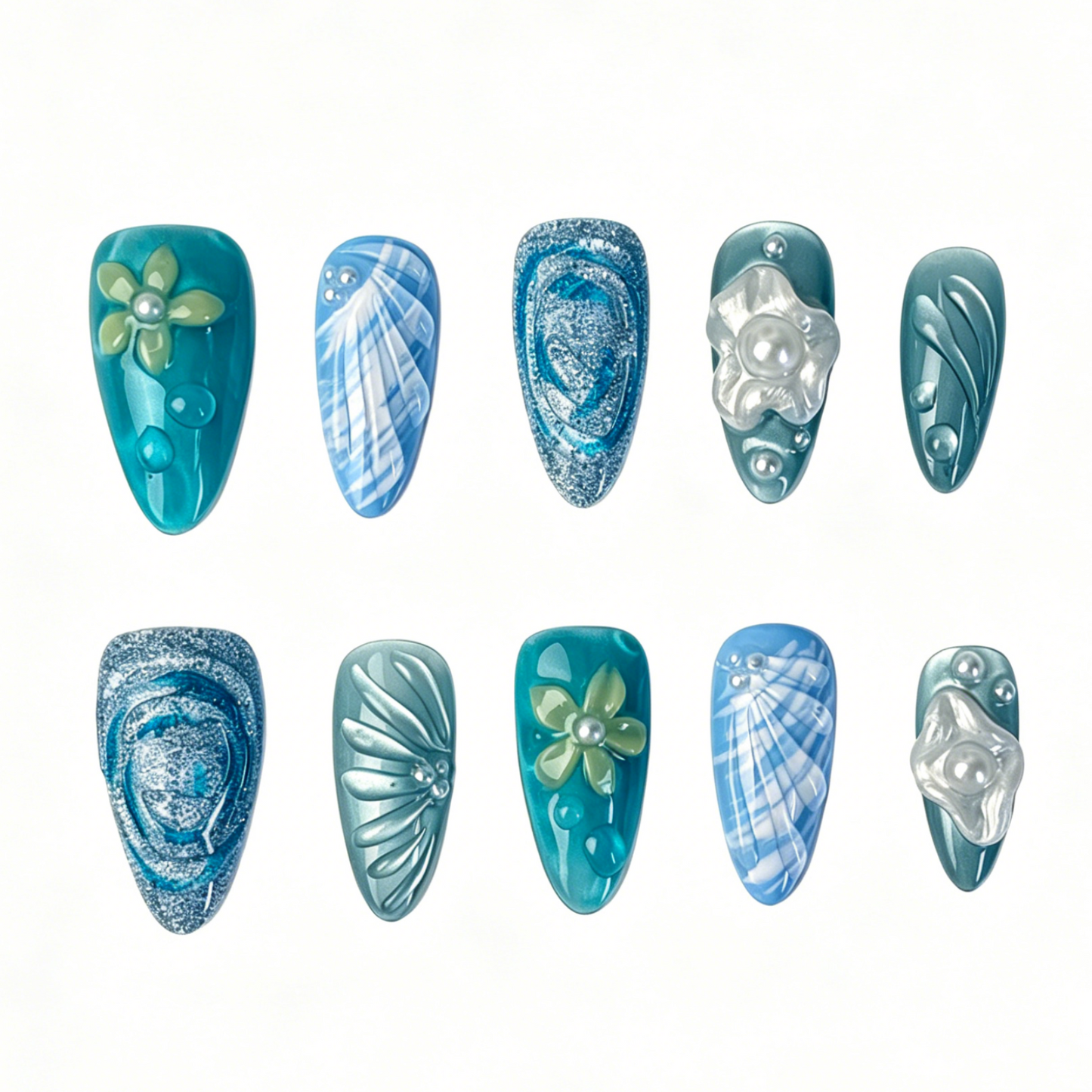 Medium Almond Press On Nails, Teal Blue Ocean 3D Floral Shell Pearl Water Drop Fake Nail Set