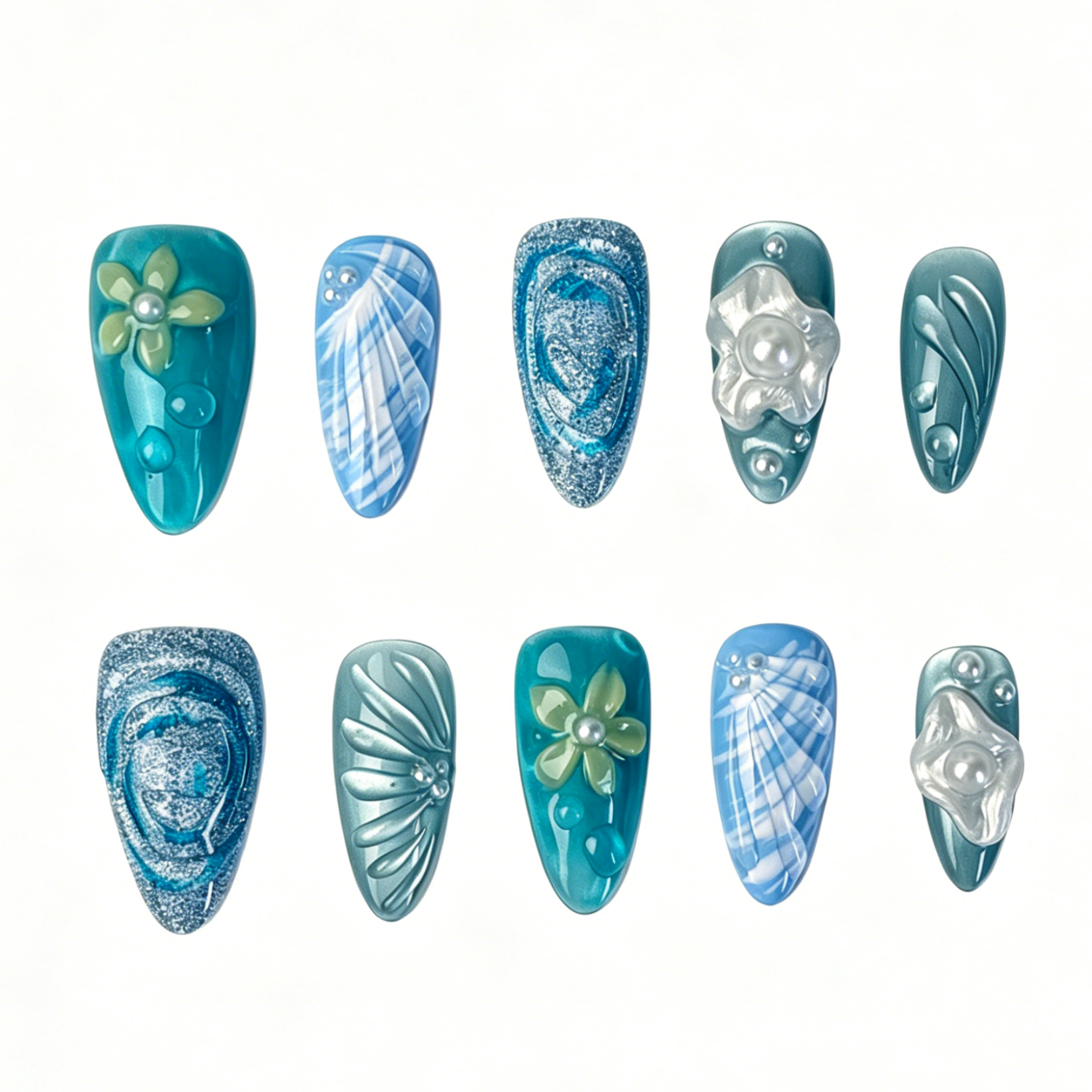Medium Almond Press On Nails, Teal Blue Ocean 3D Floral Shell Pearl Water Drop Fake Nail Set