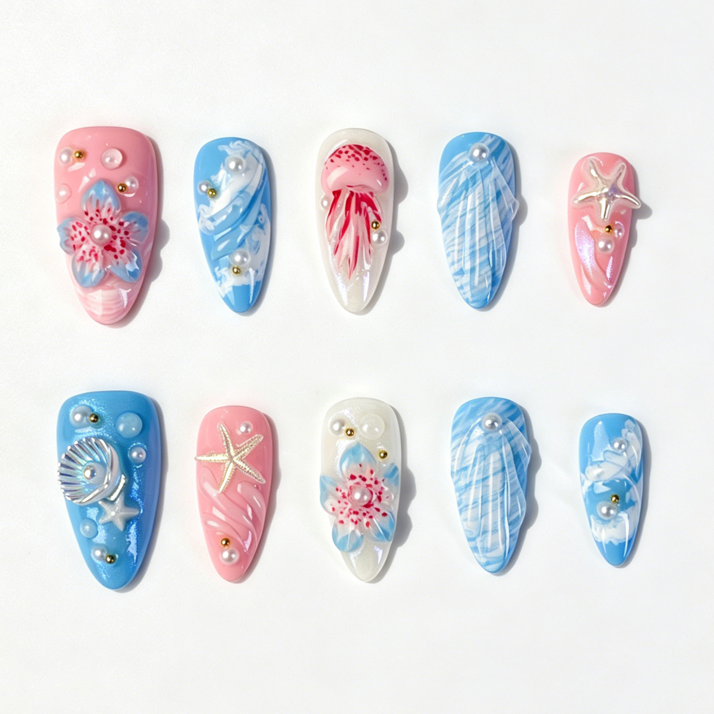 Medium Almond Press On Nails, Summer Ocean Jellyfish Starfish Shell Pearl Fake Nail Set