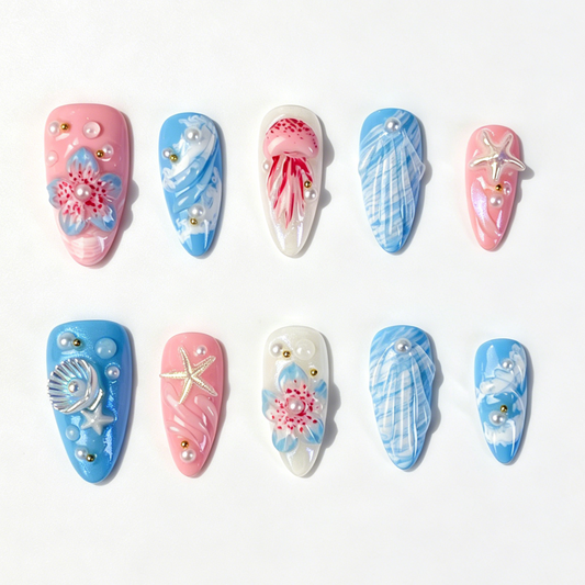 Medium Almond Press On Nails, Summer Ocean Jellyfish Starfish Shell Pearl Fake Nail Set