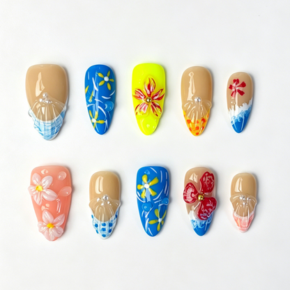 Medium Almond Press On Nails, Summer Ocean 3D Colorful Floral Wave Pearl Fake Nail Set