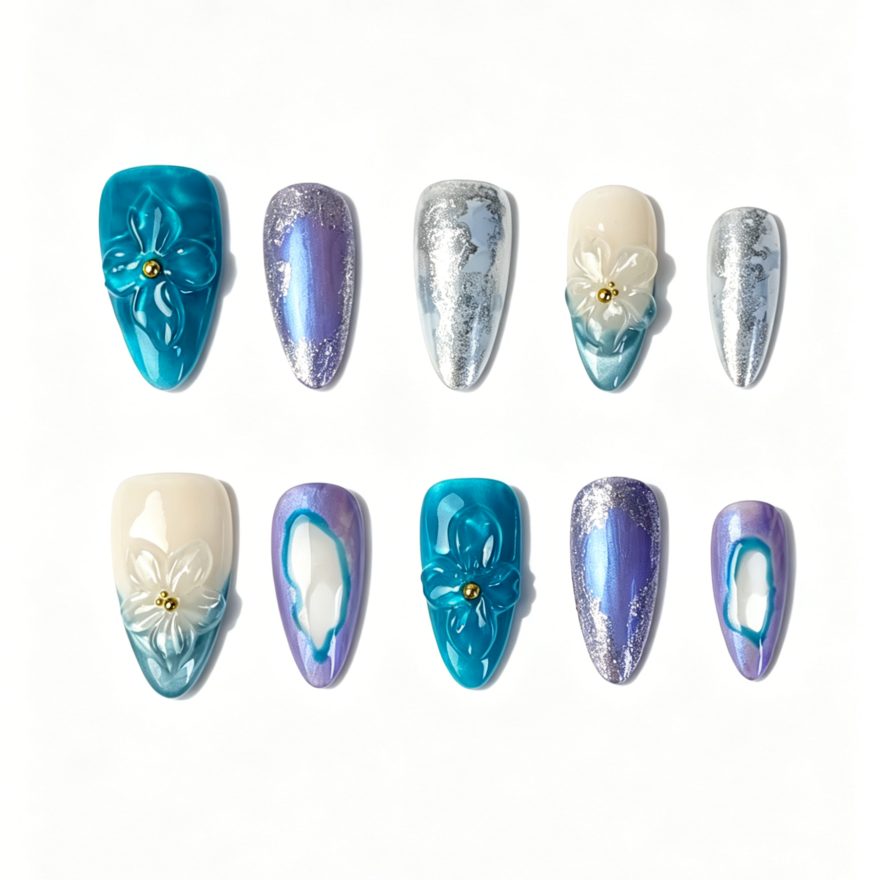 Medium Almond Press On Nails, Handmade 3D Floral Fake Nails, Teal Purple Silver Foil Gradient Elegant Nail Art Set