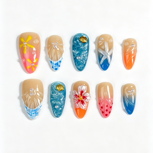 Medium Almond Press On Nails, Handmade Tropical Ocean Fake Nails, Hibiscus Starfish Shell Pearl Summer Nail Art Set
