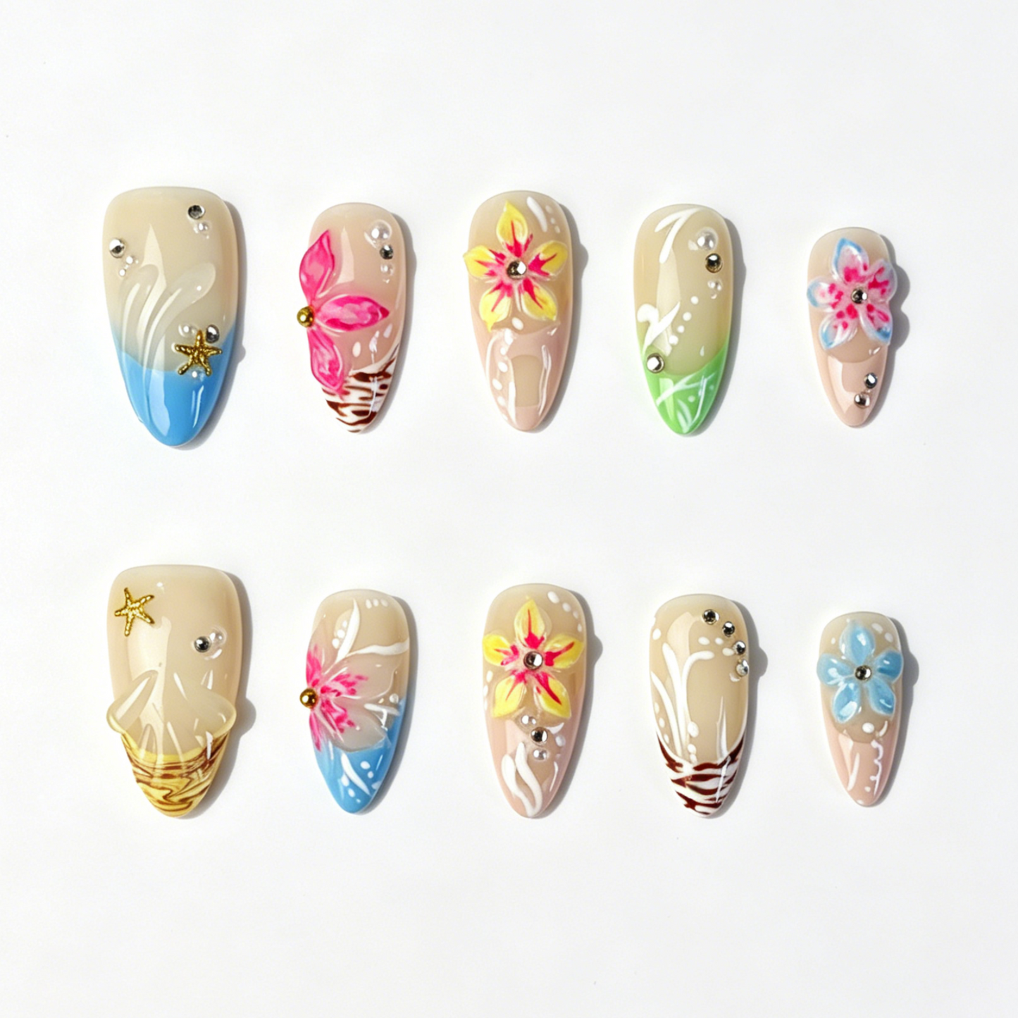 Medium Almond Press On Nails, Hand Painted Summer Plumeria Floral Fake Nails, Nude Beach Starfish Rhinestone Nail Art Set
