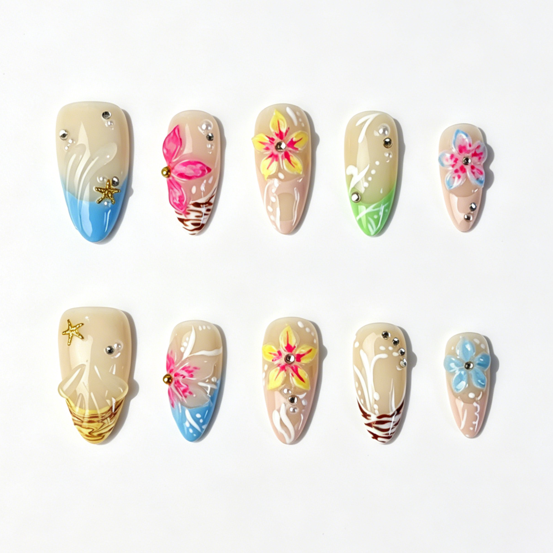 Medium Almond Press On Nails, Hand Painted Summer Plumeria Floral Fake Nails, Nude Beach Starfish Rhinestone Nail Art Set