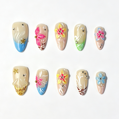 Medium Almond Press On Nails, Hand Painted Summer Plumeria Floral Fake Nails, Nude Beach Starfish Rhinestone Nail Art Set