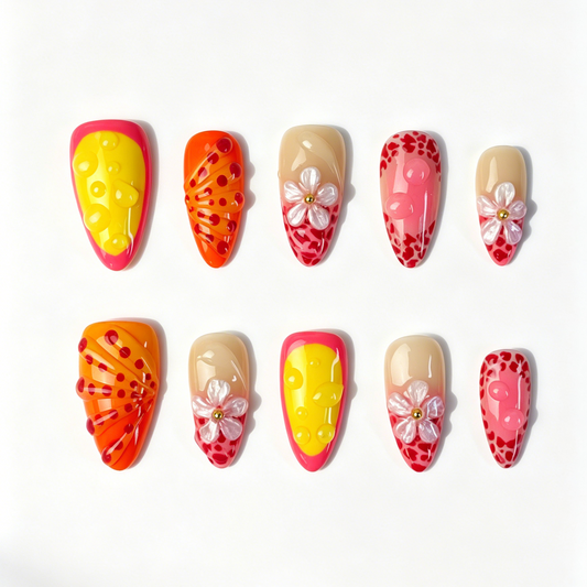 Medium Almond Citrus Pop Handmade Press On Nails, Neon Pink Orange Leopard Print 3D Flower Dewdrop False Nail Set