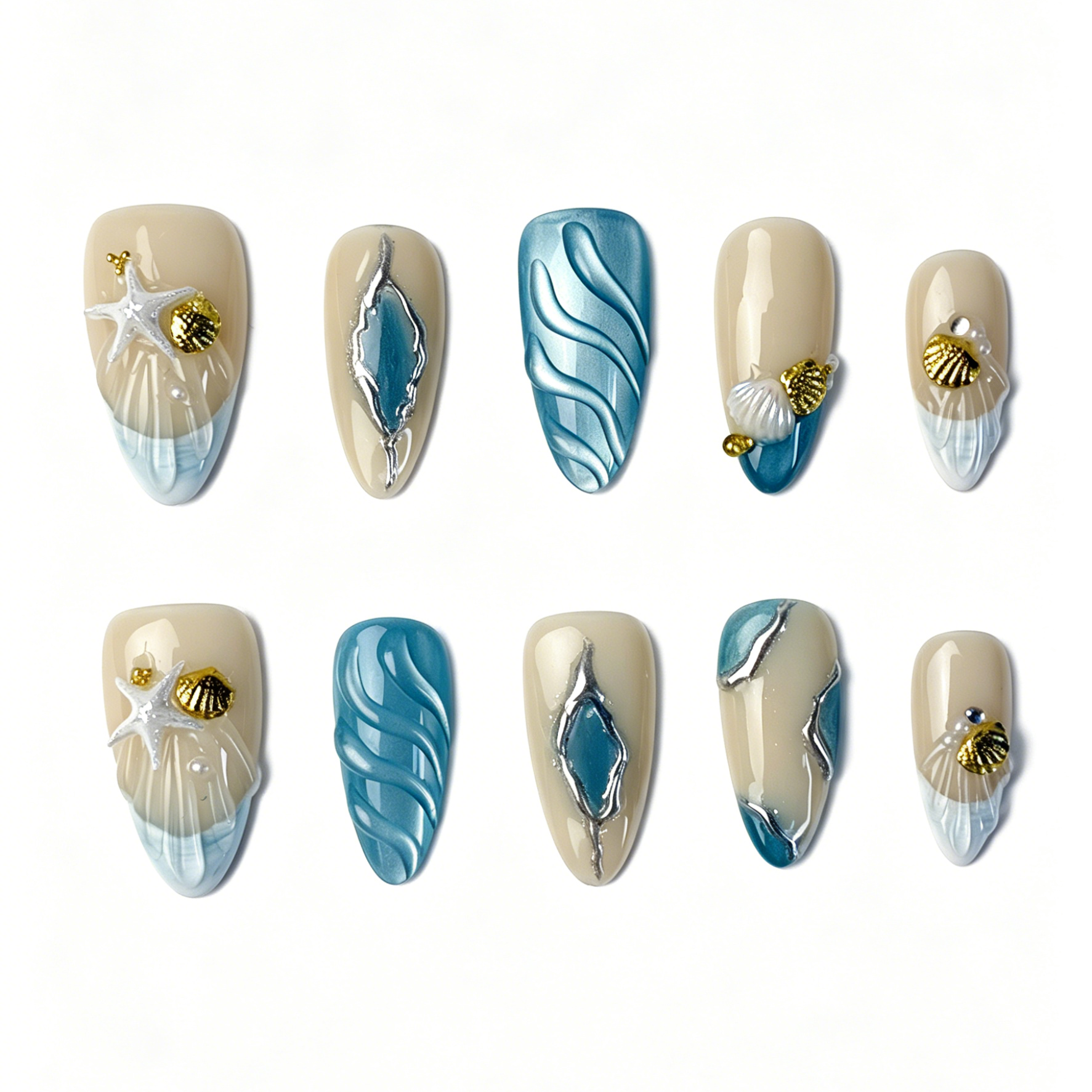 Medium Almond Press On Nails, Handmade 3D Ocean Beach Fake Nails, Nude Blue Wave Starfish Shell Pearl Summer Nail Art Set