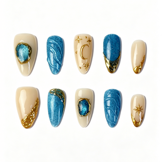Medium Almond Press On Nails, Handmade Celestial Star Moon Fake Nails, Nude Blue Glitter Gold Metal Ocean Gem Nail Art Set