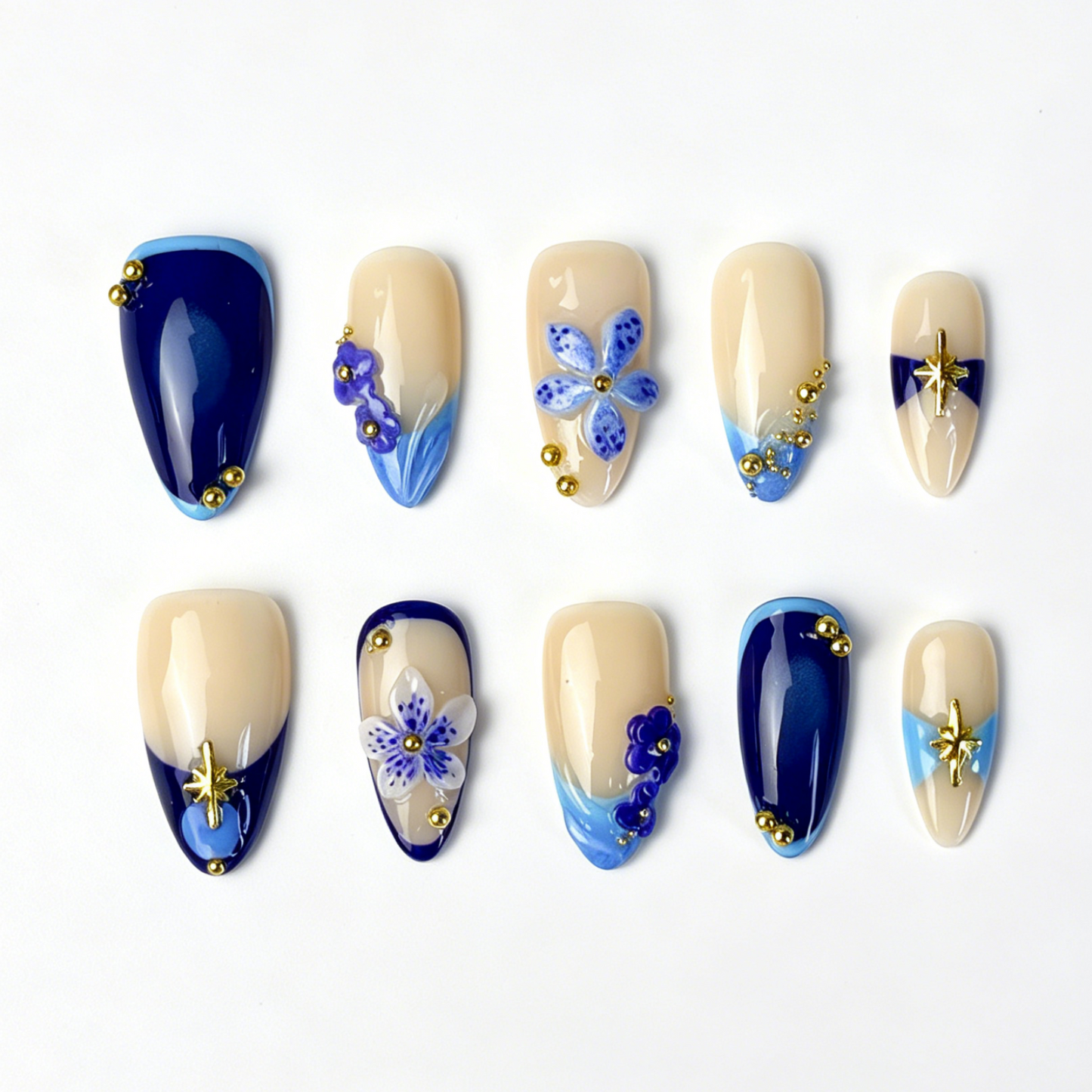Medium Almond Press On Nails, Handmade 3D Blue Floral Fake Nails, Nude Dark Blue Gradient Gold Star Bead Elegant Nail Art Set