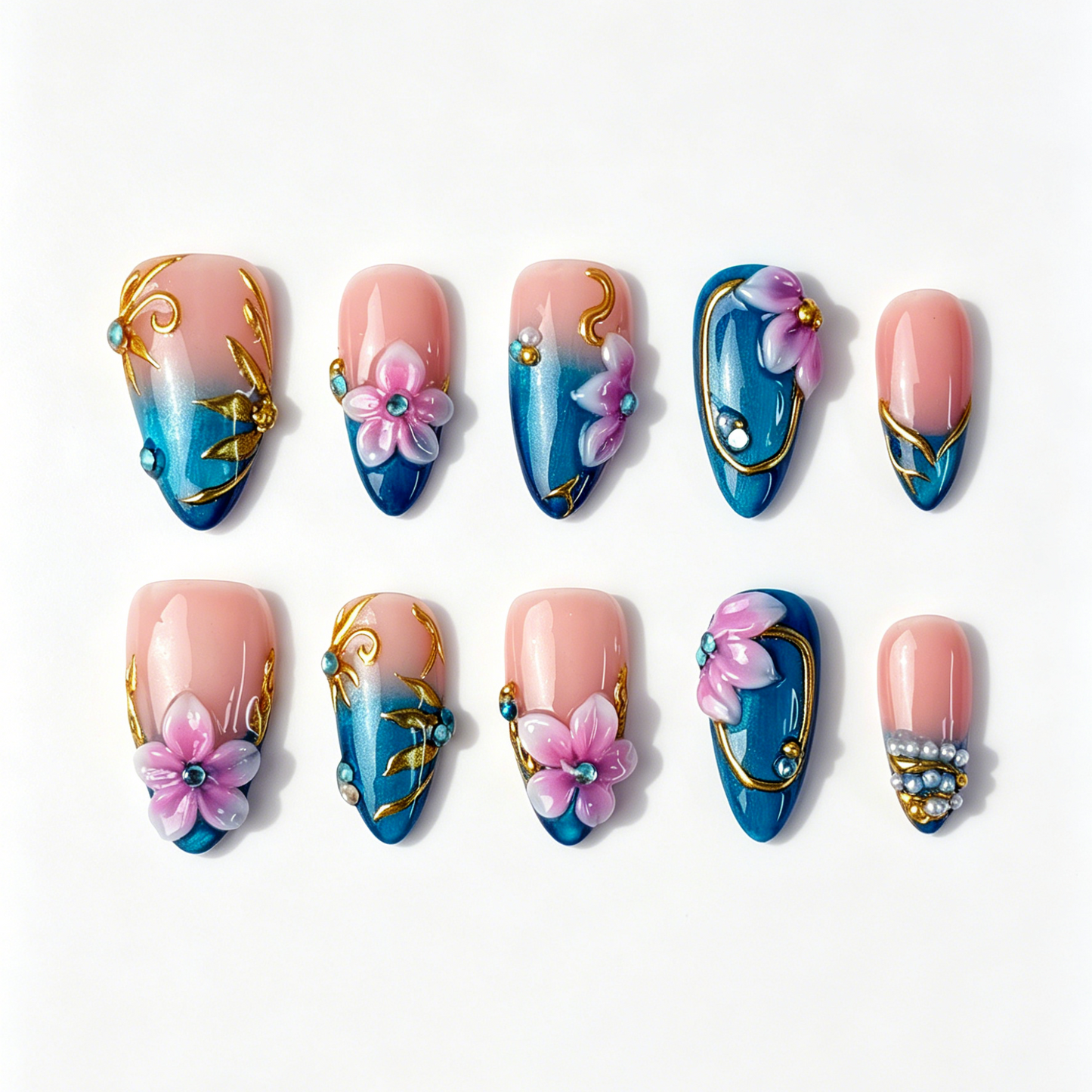Medium Almond Press On Nails, Handmade 3D Pink Floral Fake Nails, Blue Nude Gradient Gold Line Rhinestone Oriental Nail Art Set