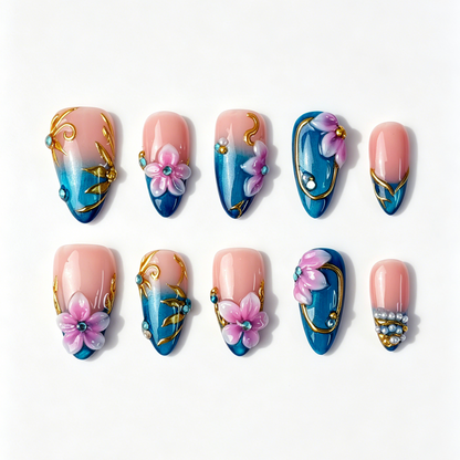 Medium Almond Press On Nails, Handmade 3D Pink Floral Fake Nails, Blue Nude Gradient Gold Line Rhinestone Oriental Nail Art Set
