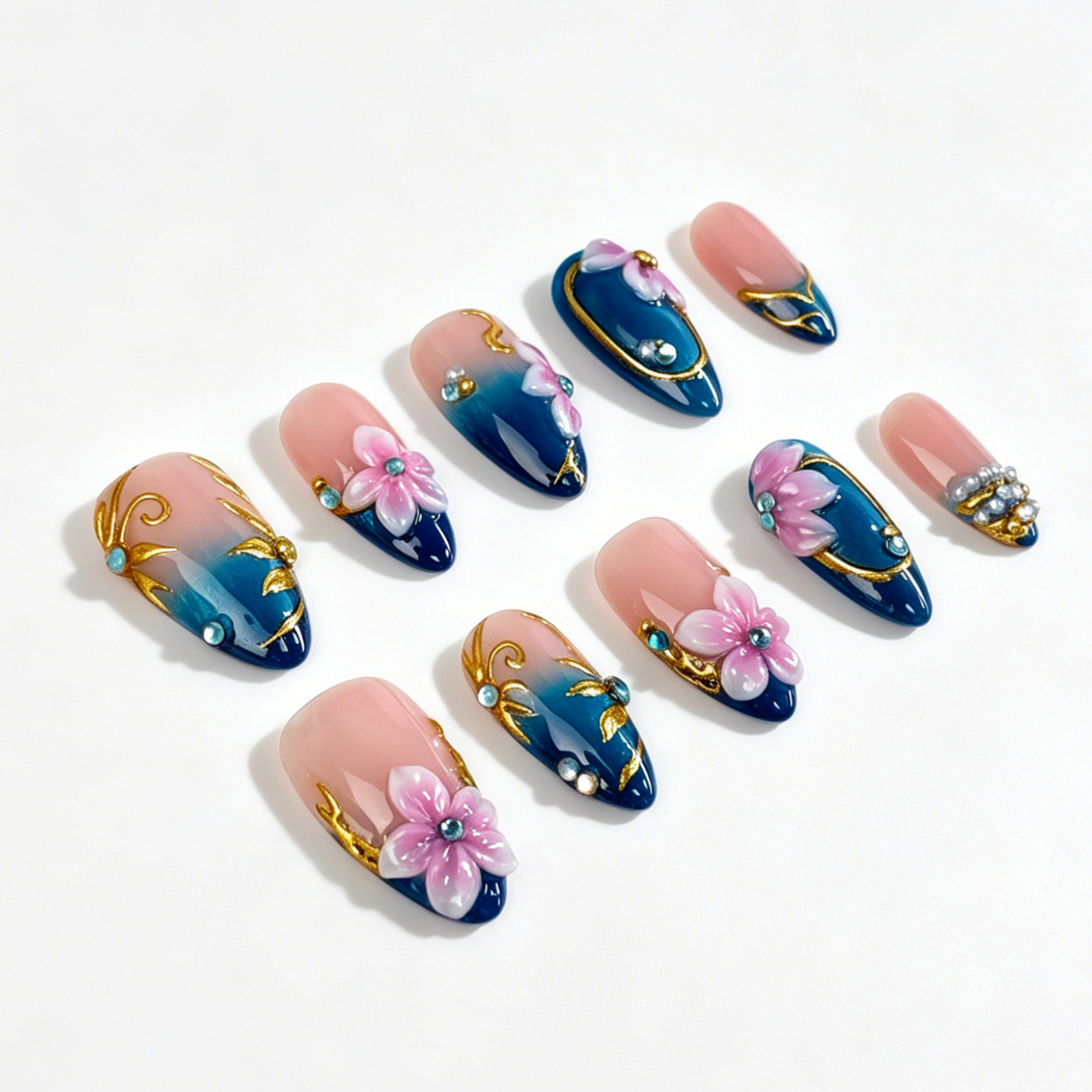 Oriental Gold Line Floral Press On Nails, Medium Almond Blue Nude Gradient Rhinestone Elegant Fake Nail Set