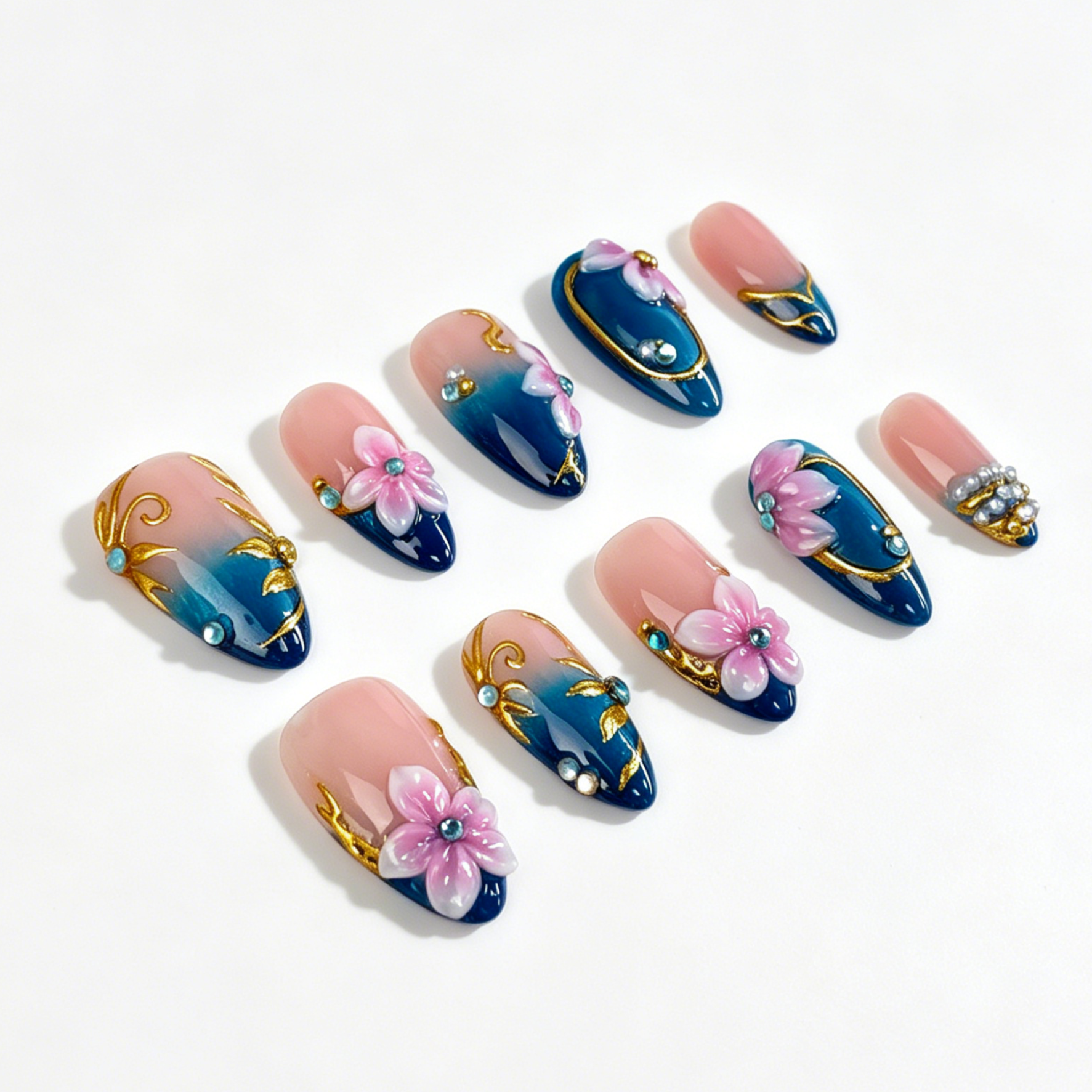 Oriental Gold Line Floral Press On Nails, Medium Almond Blue Nude Gradient Rhinestone Elegant Fake Nail Set