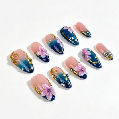Oriental Gold Line Floral Press On Nails, Medium Almond Blue Nude Gradient Rhinestone Elegant Fake Nail Set