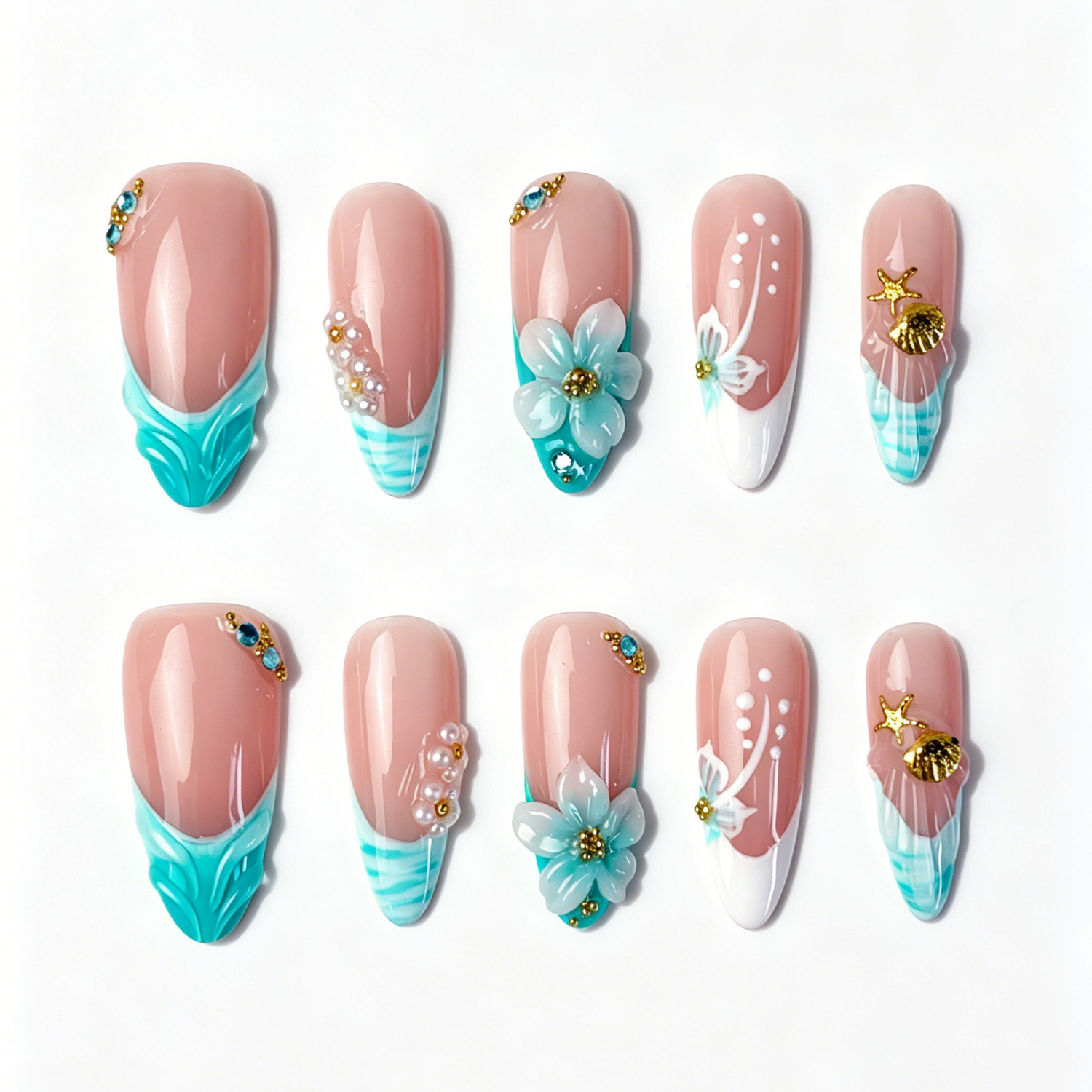 Medium Almond Press On Nails, Handmade 3D Turquoise Floral Fake Nails, Nude Summer Ocean Starfish Shell Pearl Rhinestone Nail Art Set