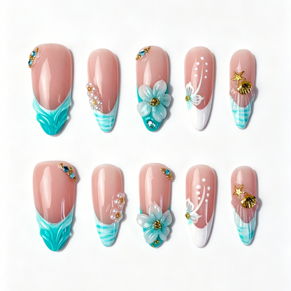 Medium Almond Press On Nails, Handmade 3D Turquoise Floral Fake Nails, Nude Summer Ocean Starfish Shell Pearl Rhinestone Nail Art Set