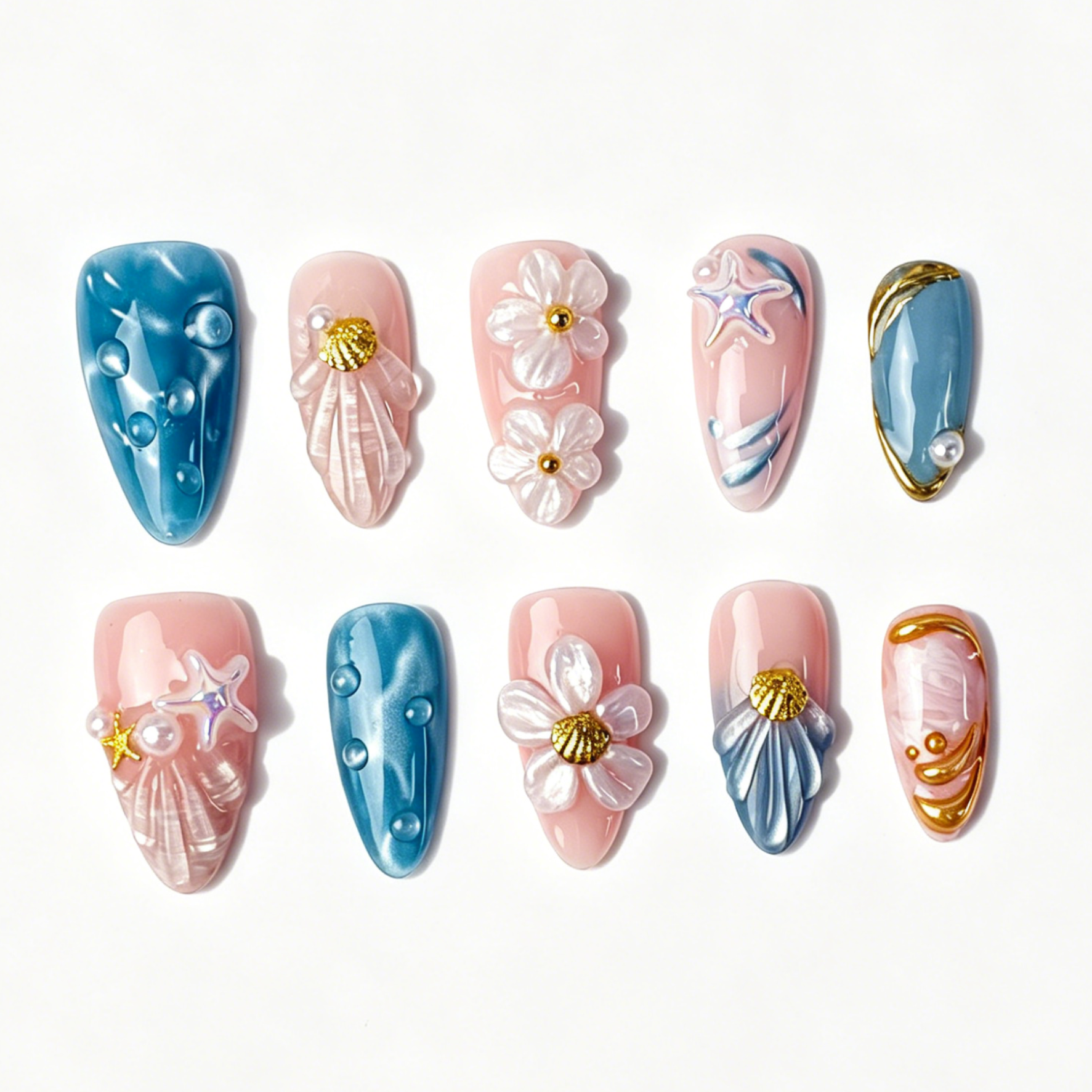 Medium Almond Press On Nails, Handmade Ocean Beach Fake Nails, 3D Shell Starfish Floral Pearl Summer Nail Art Set