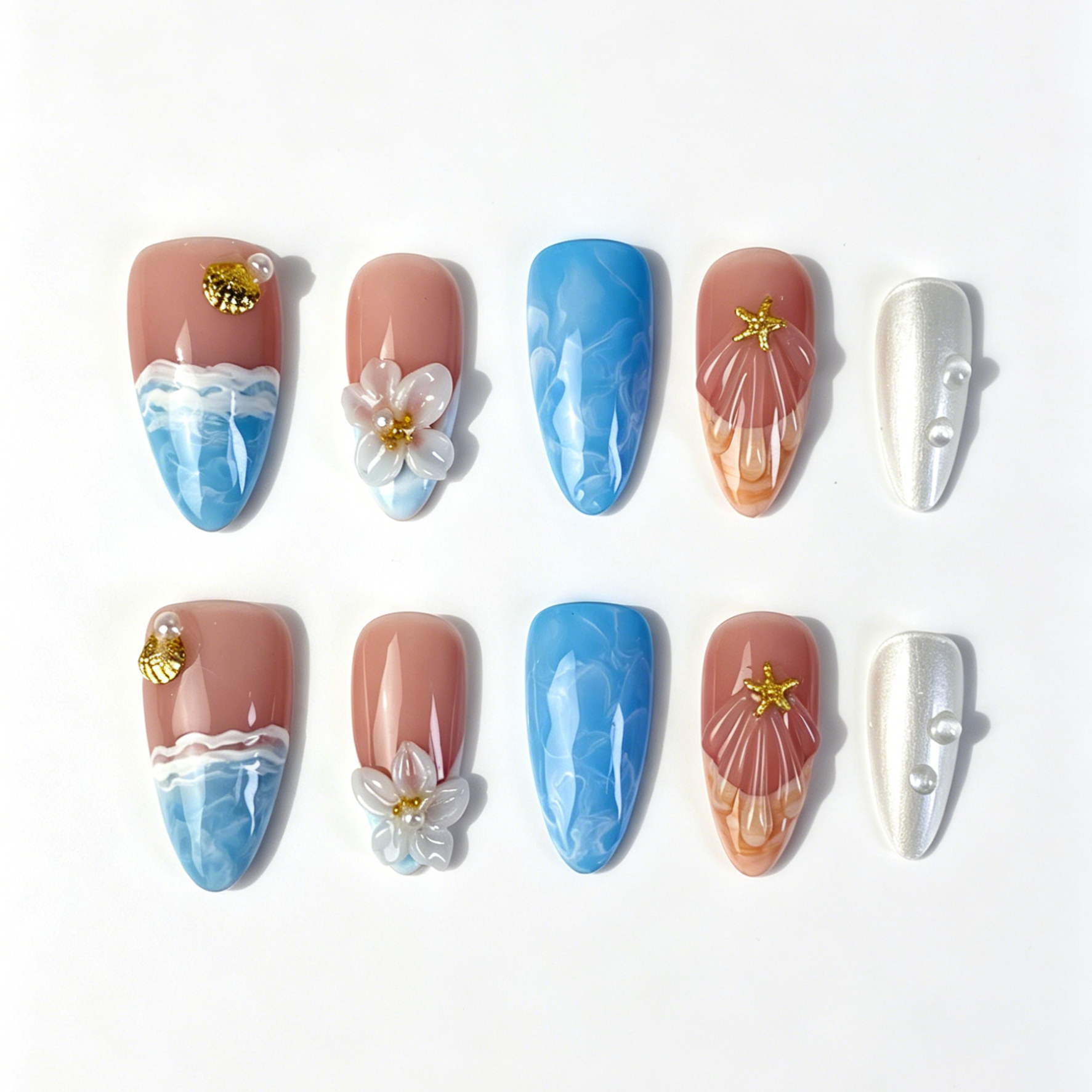 Medium Almond Press On Nails, Handmade Ocean Wave Fake Nails, Nude Blue 3D Flower Starfish Shell Pearl Summer Beach Nail Art Set